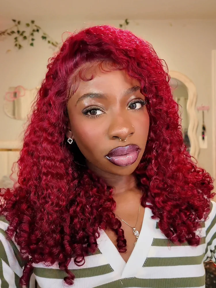 CurlyMe 99J Burgundy Color Burmese Curly Glueless Wig Pre Cut 9x6 Lace Snug Fit Wear Go Glueless Wig - Image 3
