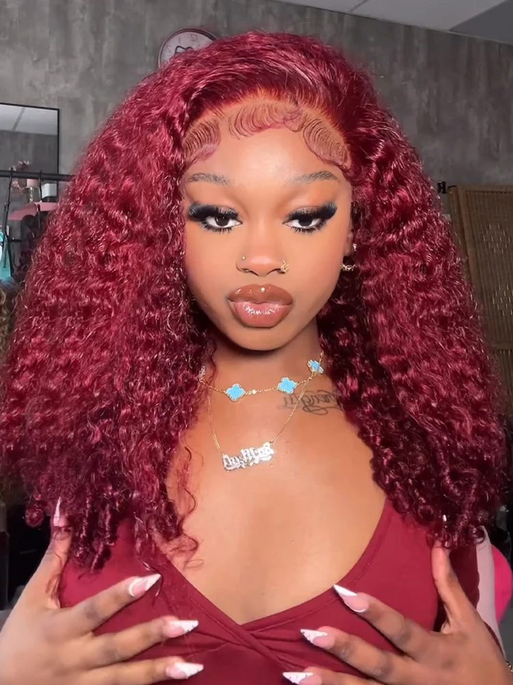 CurlyMe 99J Burgundy Color Burmese Curly Glueless Wig Pre Cut 9x6 Lace Snug Fit Wear Go Glueless Wig - Image 5