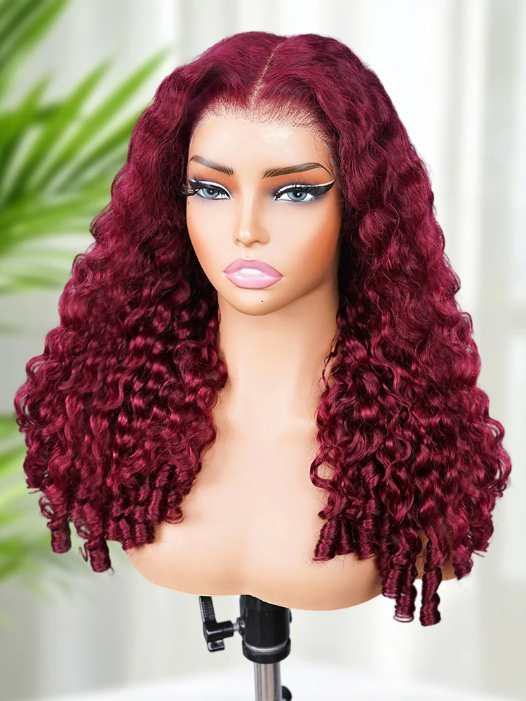 CurlyMe 99J Burgundy Color Burmese Curly Glueless Wig Pre Cut 9x6 Lace Snug Fit Wear Go Glueless Wig - Image 6