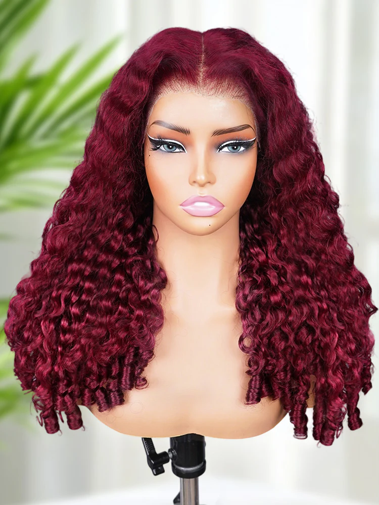 CurlyMe 99J Burgundy Color Burmese Curly Glueless Wig Pre Cut 9x6 Lace Snug Fit Wear Go Glueless Wig - Image 7