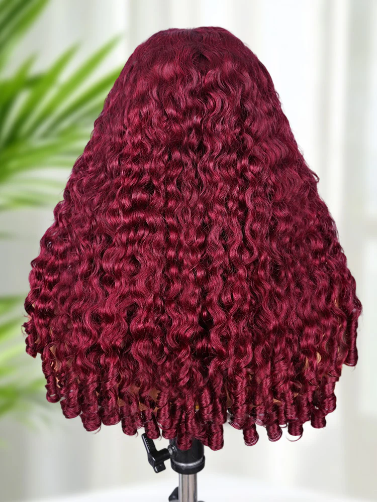 CurlyMe 99J Burgundy Color Burmese Curly Glueless Wig Pre Cut 9x6 Lace Snug Fit Wear Go Glueless Wig - Image 8
