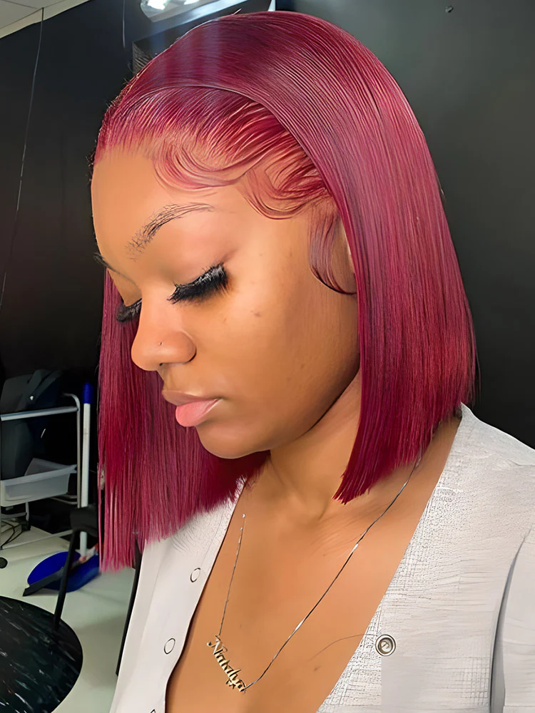 CurlyMe 99J Burgundy Color Bob Wigs Straight Short Cut Hair 13x4 Lace Front Wigs Pre Plucked - Image 3
