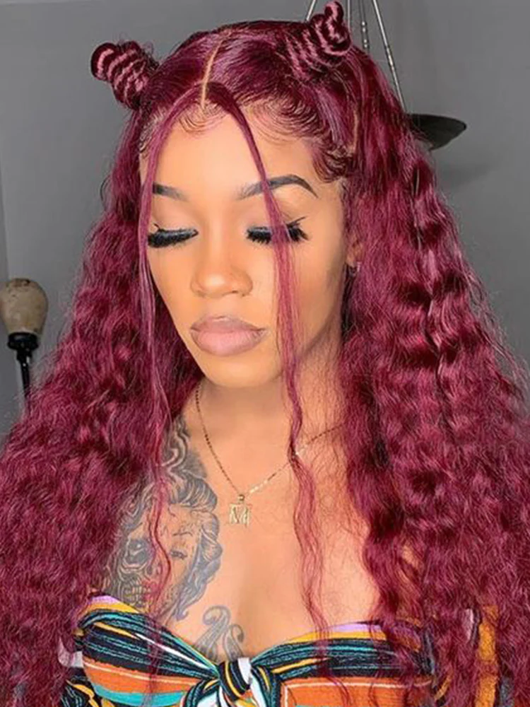 CurlyMe 99J Burgundy Color Water Wave Hair 13x4 Lace Front Wigs With Baby Hair - Image 4