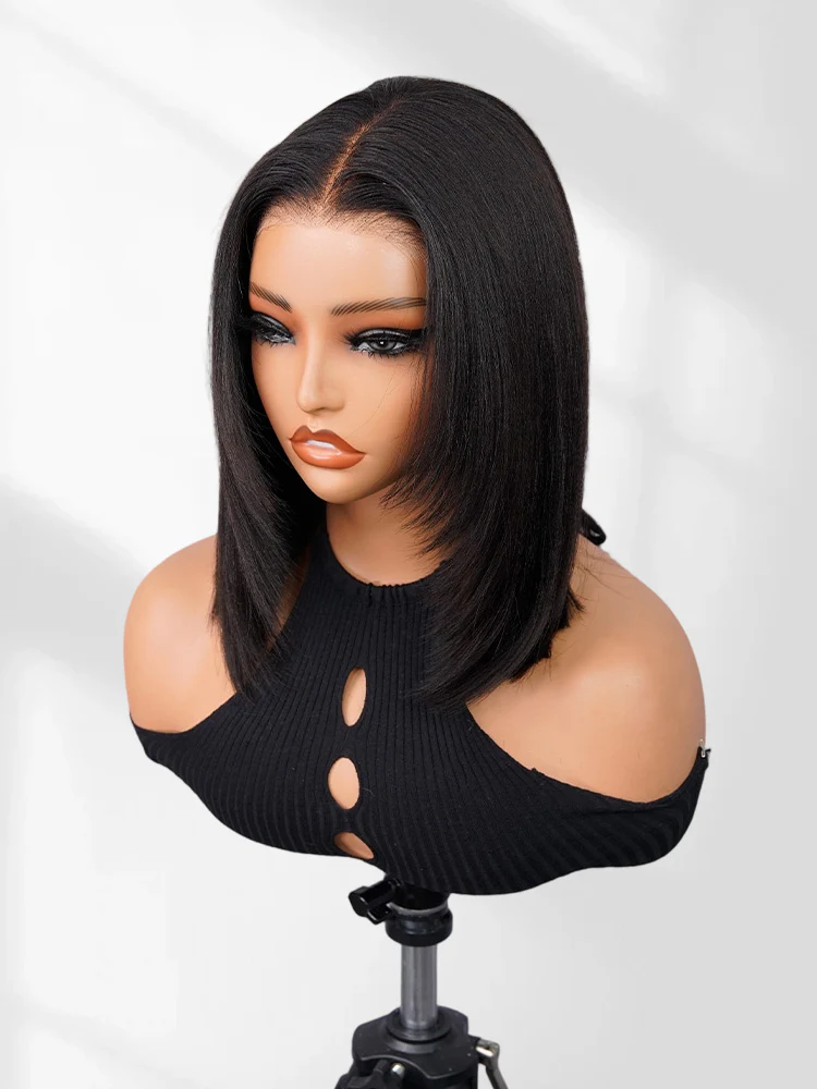 CurlyMe Pre-cut 9x6 Tpart Wear Go Layered Cut Bob Yaki Straight Wig Natural Black Deep Part Lace Glueless Wig
