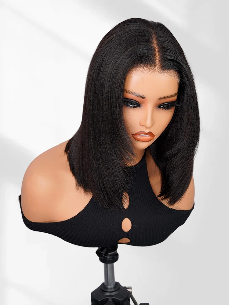 CurlyMe Pre-cut 9x6 Tpart Wear Go Layered Cut Bob Yaki Straight Wig Natural Black Deep Part Lace Glueless Wig - Image 2