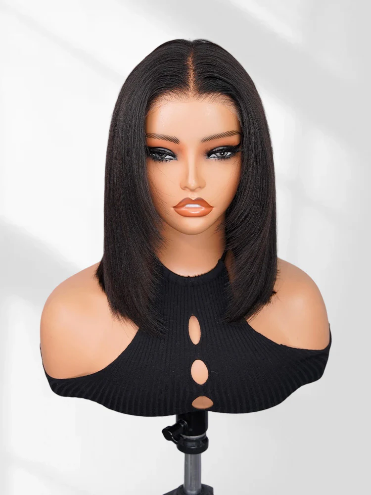 CurlyMe Pre-cut 9x6 Tpart Wear Go Layered Cut Bob Yaki Straight Wig Natural Black Deep Part Lace Glueless Wig - Image 3