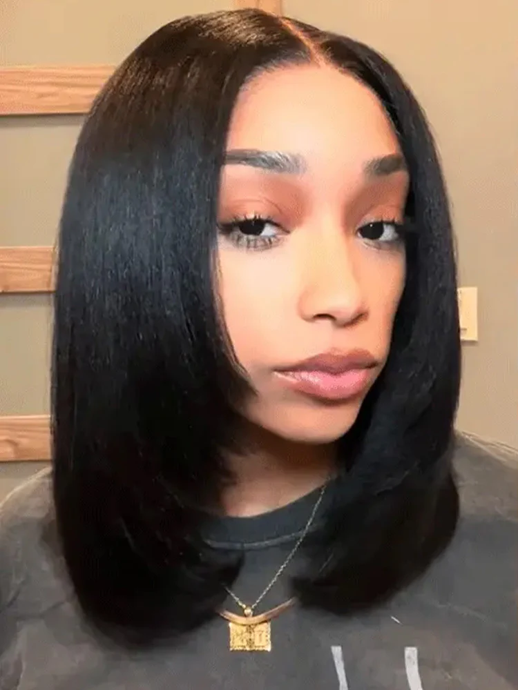 CurlyMe Pre-cut 9x6 Tpart Wear Go Layered Cut Bob Yaki Straight Wig Natural Black Deep Part Lace Glueless Wig - Image 5