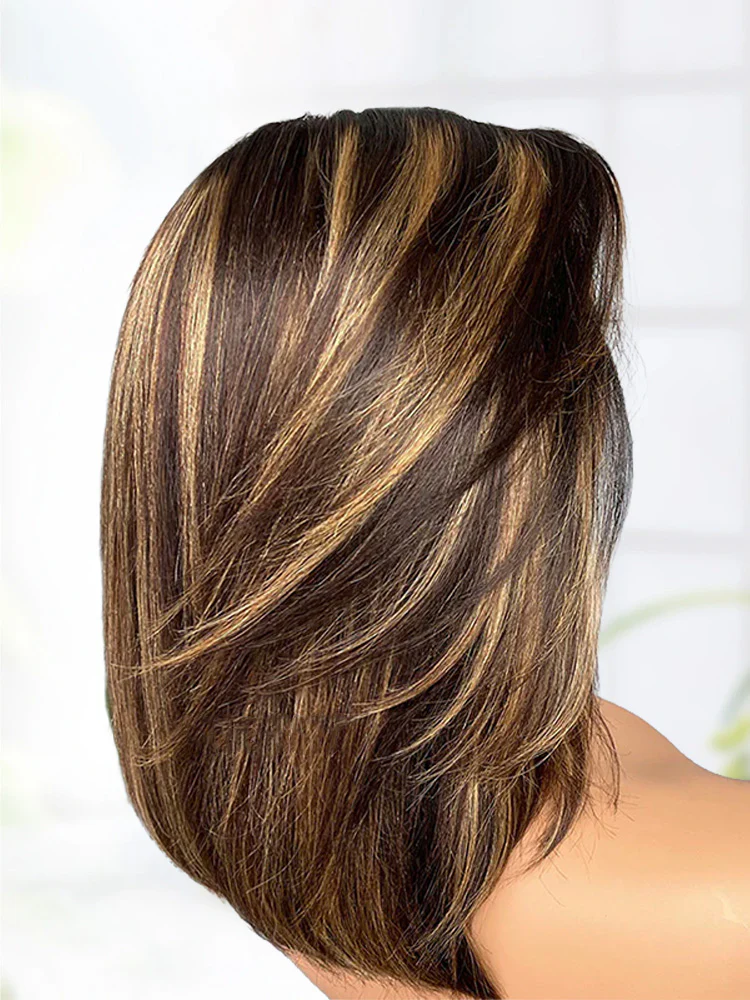 CurlyMe Highlight Brown Color 9x6 Tpart Yaki Straight Wear Go Layered Cut Bob Glueless Wig Flexible Fit Draw-string - Image 4
