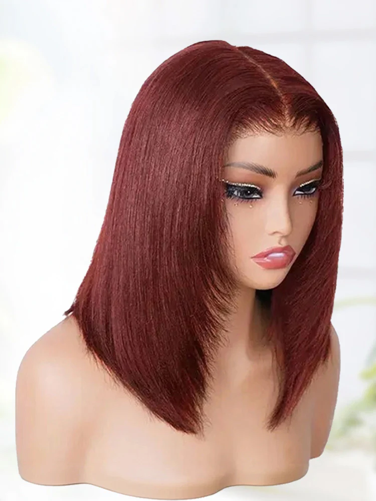 CurlyMe 9x6 Tpart Wear Go Layered Cut Reddish Brown Yaki Straight Bob Wig Deep Part Lace Glueless Wig