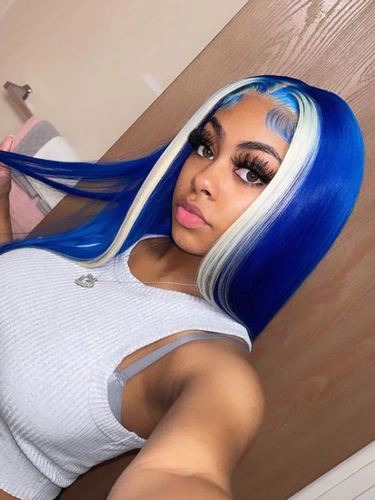 CurlyMe Gemstone Blue Colour Hair Lace Front Wigs Pre Plucked Straight Human Hair - Image 5