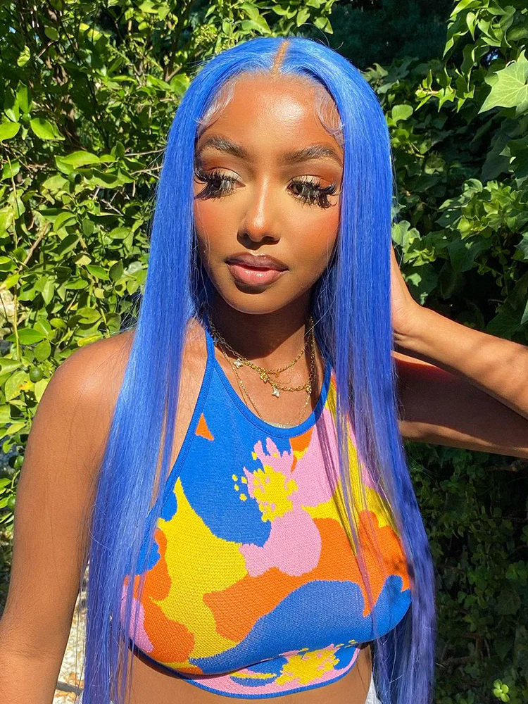 CurlyMe Gemstone Blue Colour Hair Lace Front Wigs Pre Plucked Straight Human Hair - Image 6