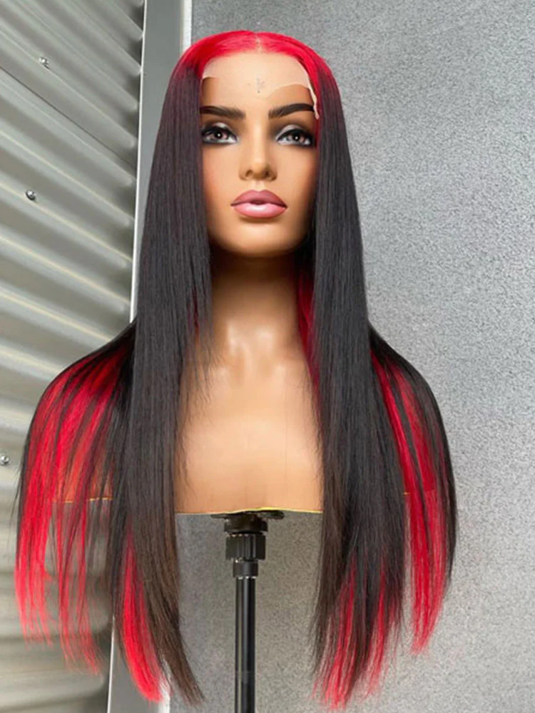 CurlyMe Natural Black Hair With Demon Red Top Lace Front Wigs Straight Human Hair - Image 3