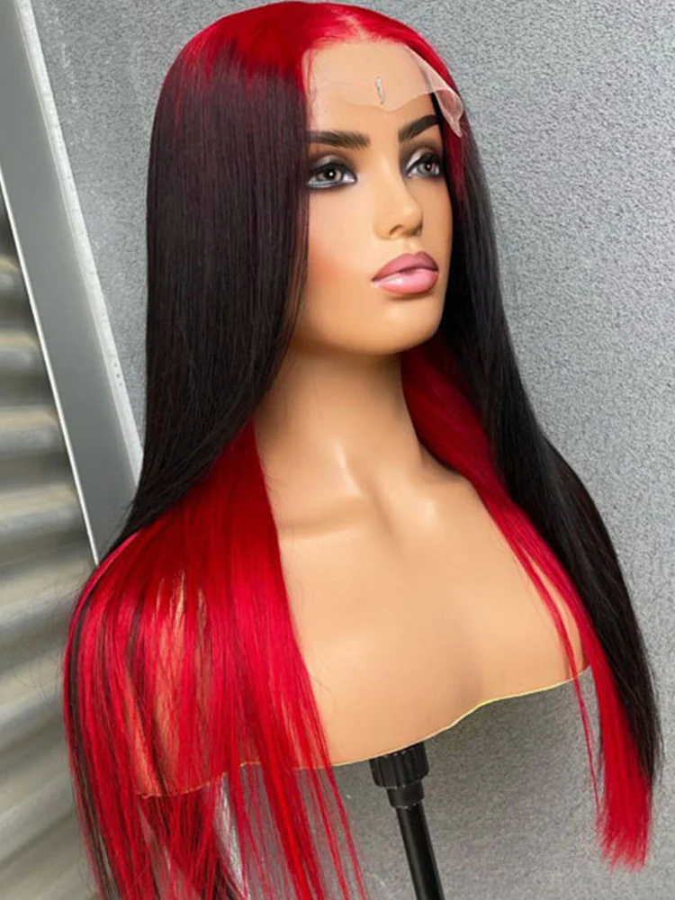 CurlyMe Natural Black Hair With Demon Red Top Lace Front Wigs Straight Human Hair - Image 4