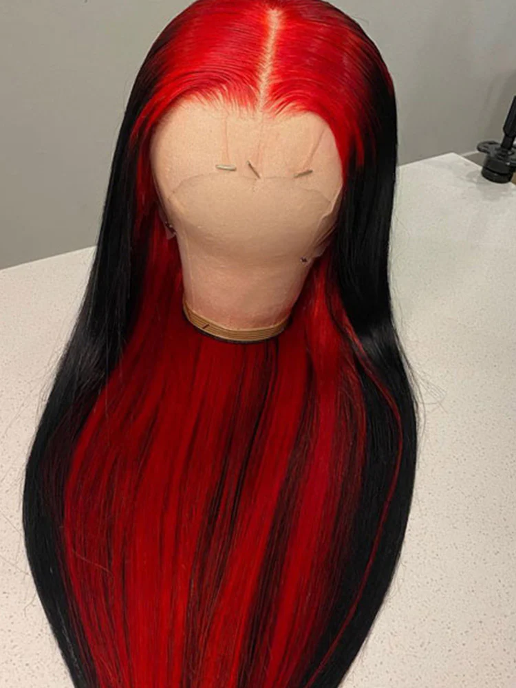 CurlyMe Natural Black Hair With Demon Red Top Lace Front Wigs Straight Human Hair - Image 5