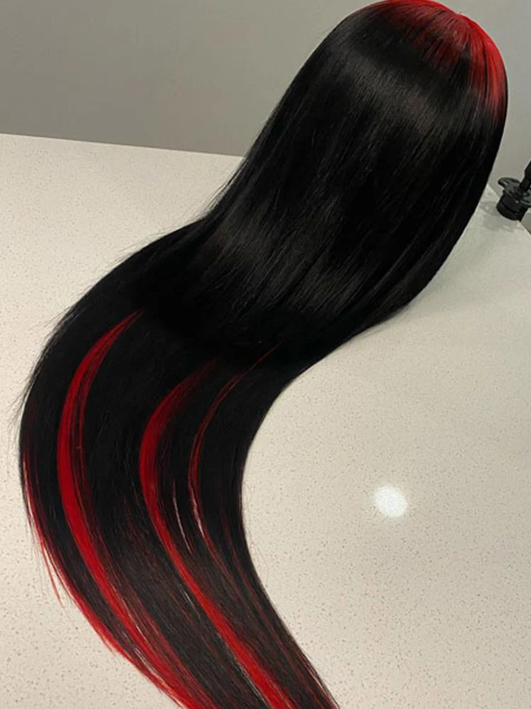 CurlyMe Natural Black Hair With Demon Red Top Lace Front Wigs Straight Human Hair - Image 6