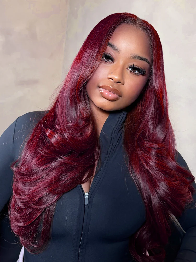 CurlyMe 99J Burgundy Color Layered Cut Face Framing Body Wave Pre-Cut Lace Wear Go Wig - Image 4