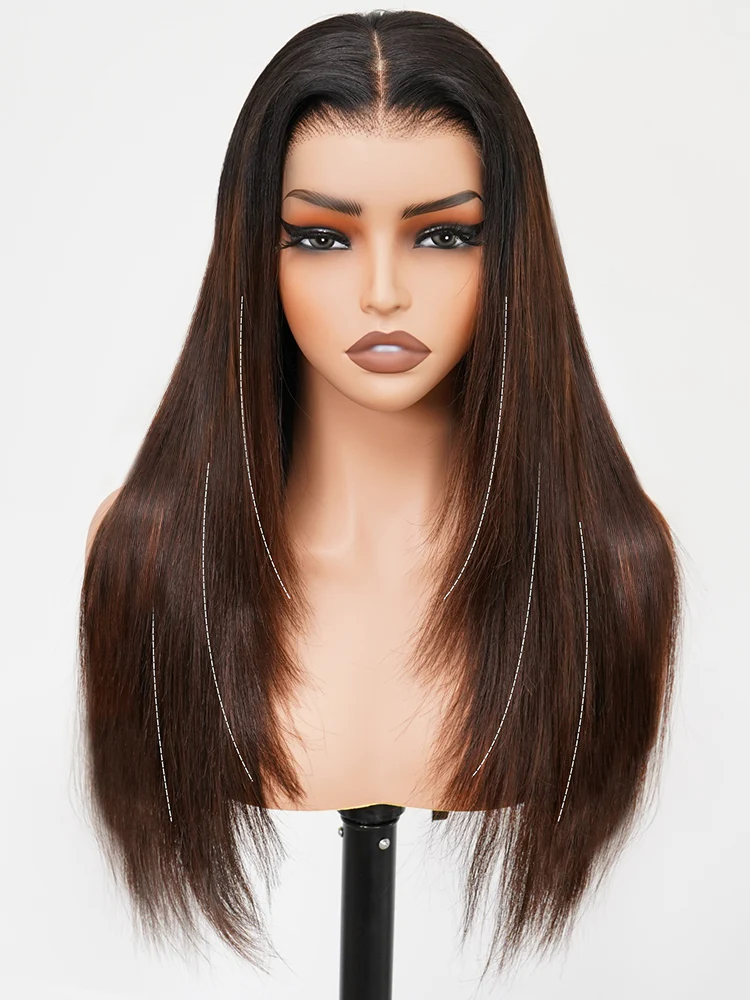 CurlyMe Layered Cut Black to Chestnut Brown Ombre Straight Hair 7x5 Pre-Cut Swiss Lace Wear Go Glueless Wigs - Image 2