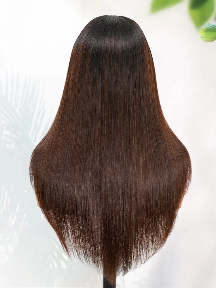 CurlyMe Layered Cut Black to Chestnut Brown Ombre Straight Hair 7x5 Pre-Cut Swiss Lace Wear Go Glueless Wigs - Image 3