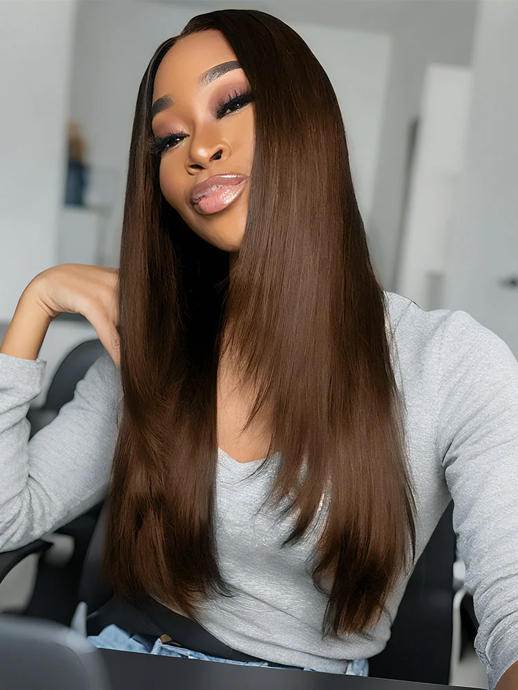 CurlyMe Layered Cut Black to Chestnut Brown Ombre Straight Hair 7x5 Pre-Cut Swiss Lace Wear Go Glueless Wigs - Image 5