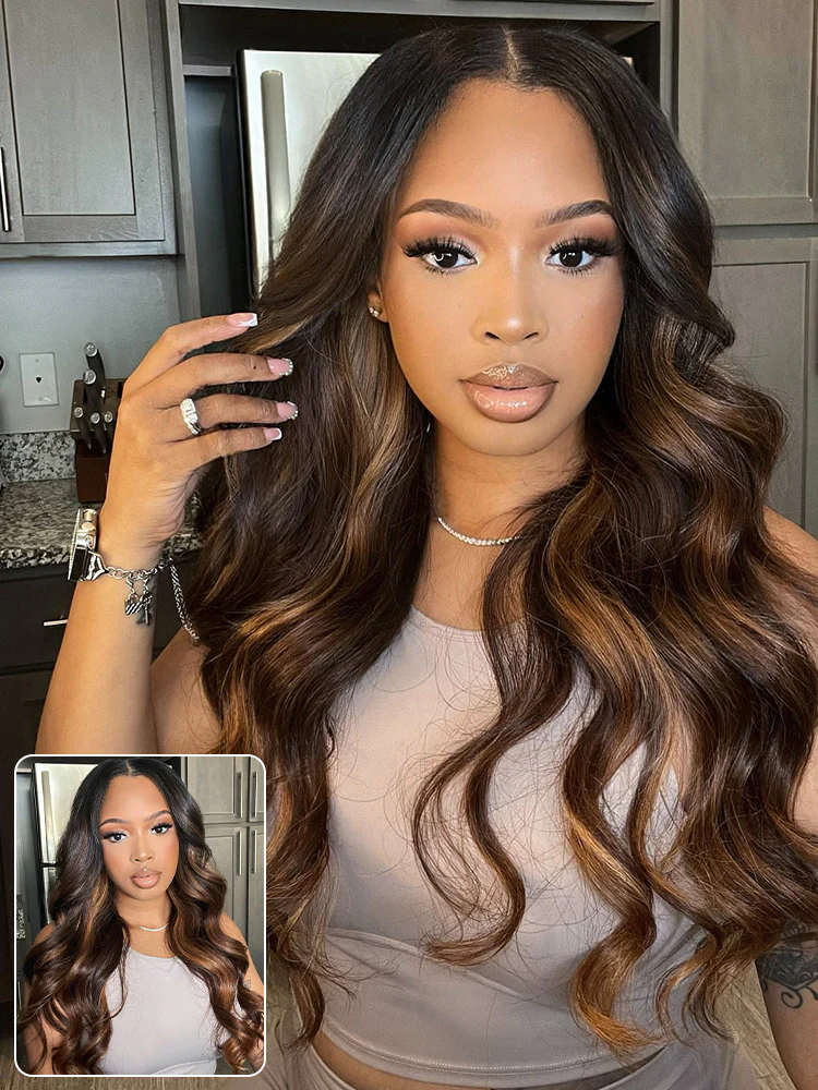 CurlyMe Highlight Balayage Color Body Wave 9x6 T Part Glueless Wig Pre-cut Lace Wear Go Wig - Image 3