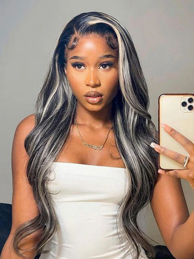 CurlyMe Platinum Gray and Black Straight Ombre Highlights Hair 13x4 Lace Front Wigs - Image 3