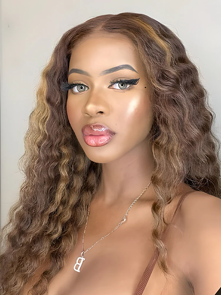 CurlyMe Deep Wave Highlights Ombre Wigs Transparent Lace Wigs Pre Plucked - Image 2