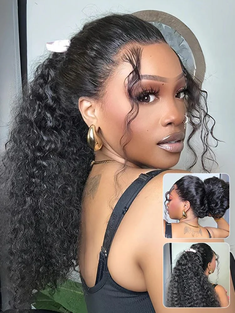 Real Human Hair Drawstring Ponytail Straight & Wavy Natural Black Wrap Around Magic Velcro Ponytail Extension Clip In - Image 13
