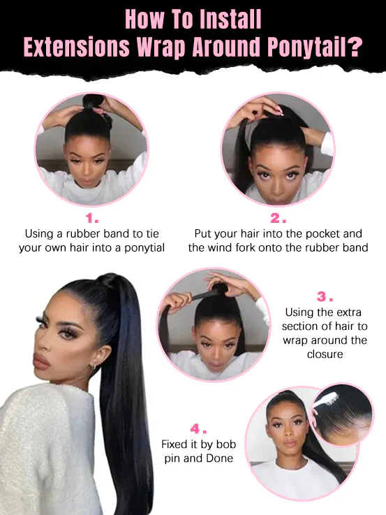 Real Human Hair Drawstring Ponytail Straight & Wavy Natural Black Wrap Around Magic Velcro Ponytail Extension Clip In - Image 16