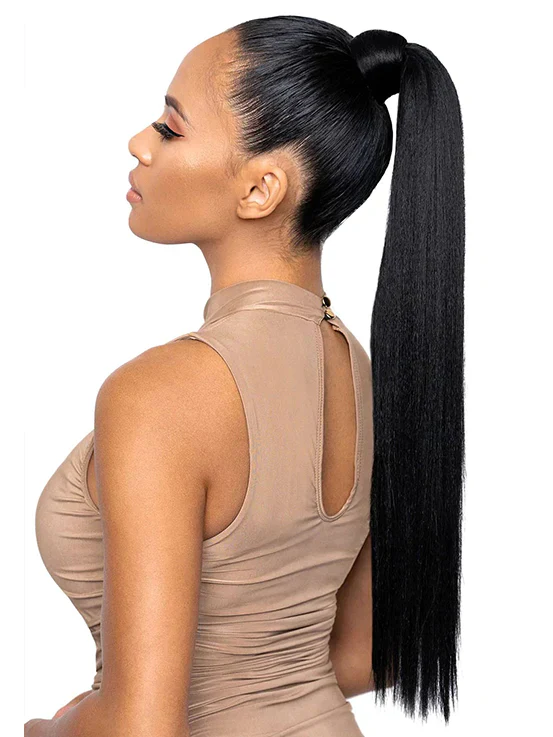 Real Human Hair Drawstring Ponytail Straight & Wavy Natural Black Wrap Around Magic Velcro Ponytail Extension Clip In - Image 5