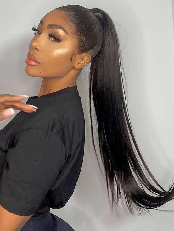 Real Human Hair Drawstring Ponytail Straight & Wavy Natural Black Wrap Around Magic Velcro Ponytail Extension Clip In - Image 6