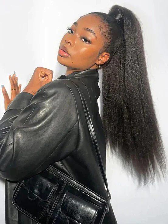 Real Human Hair Drawstring Ponytail Straight & Wavy Natural Black Wrap Around Magic Velcro Ponytail Extension Clip In - Image 7