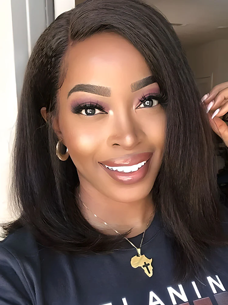 CurlyMe Pre-bleached Kinky Straight Glueless Bob Wig Pre-cut HD Lace Wear Go Pre-plucked Wig - Image 6