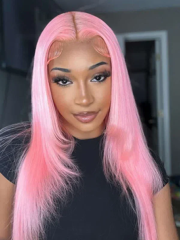 CurlyMe Light Ash Pink Pre Cut Glueless Lace Straight Wear Go Wig - Image 3