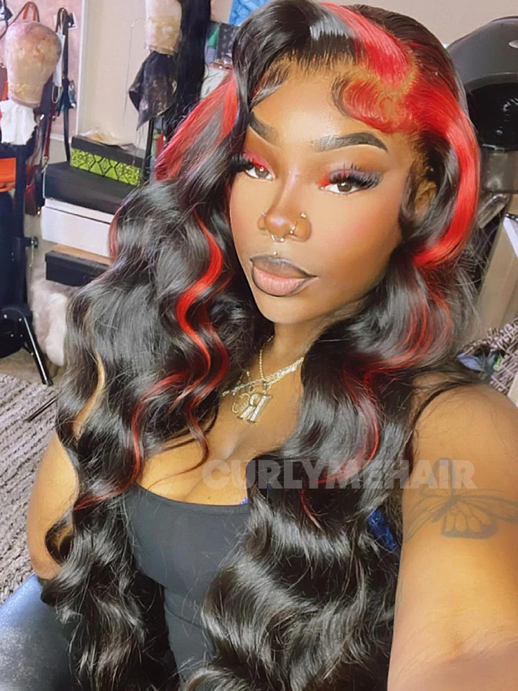 CurlyMe Highlights Straight Hair Black With Red Bangs 13x4 Lace Front Wigs - Image 3