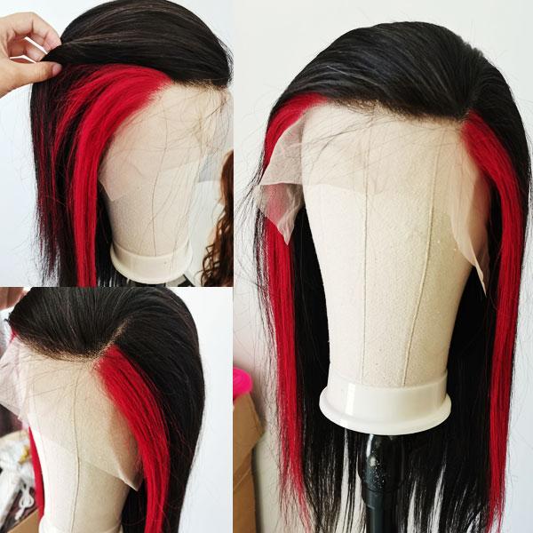 CurlyMe Highlights Straight Hair Black With Red Bangs 13x4 Lace Front Wigs - Image 5