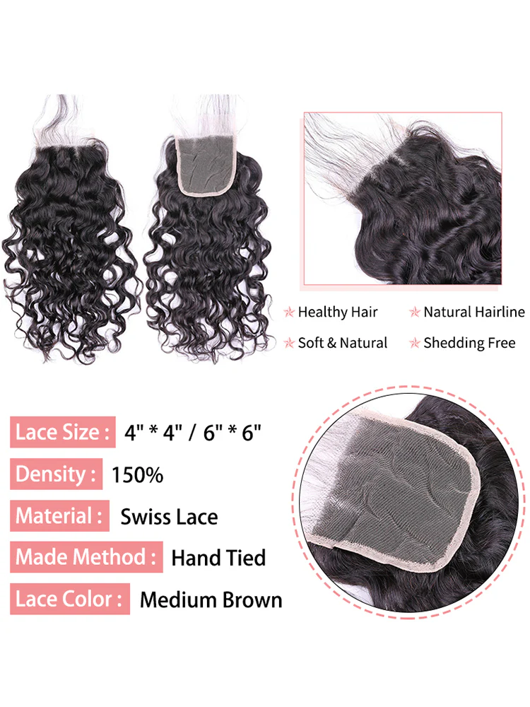 Natural Wave Virgin Curly Hair Black Color 4x4 Lace Closure - Image 3