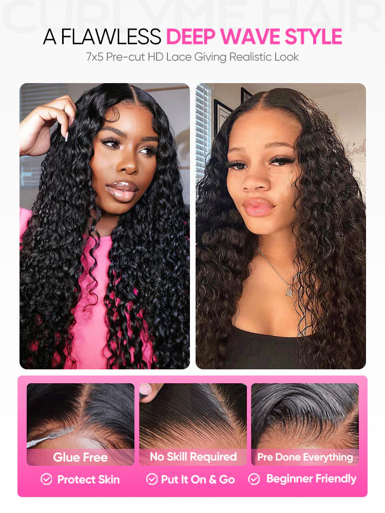 CurlyMe Pre-bleached Deep Wave Wear Go Glueless Wig Pre-cut 7x5 HD Lace Wig Pre-plucked - Image 6