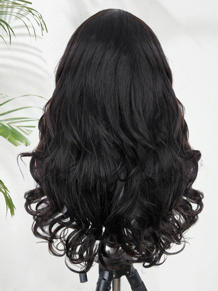 CurlyMe Pre-Styled Butterfly Cut Layered U Part Natural Black Yaki Straight Human Hair Wigs - Image 4