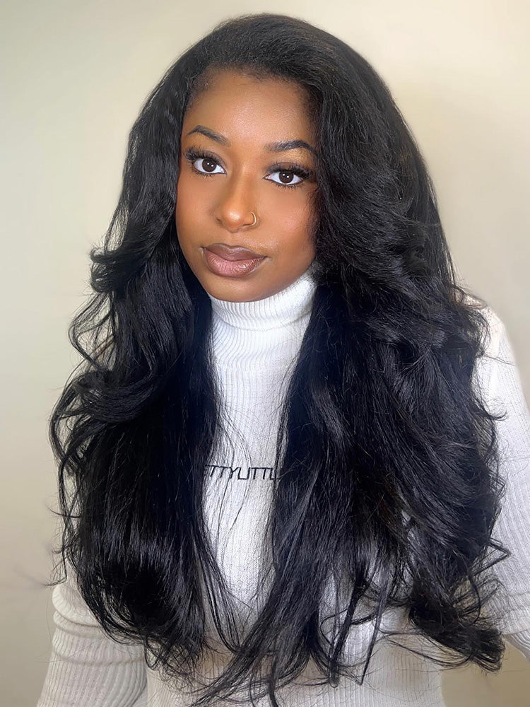 CurlyMe Pre-Styled Layered Cut Kinky Straight Glueless Install Half Wig With Draw-string Beginner Friendly