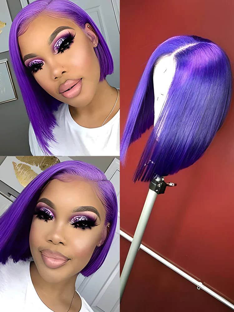 CurlyMe Attractive Purple Straight Hair 13x4 Transparent Lace Front Bob Wigs - Image 4