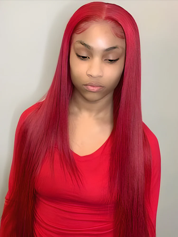CurlyMe Bright Red Colored Straight Hair Lace Front Wigs Pre Plucked Hairline - Image 3