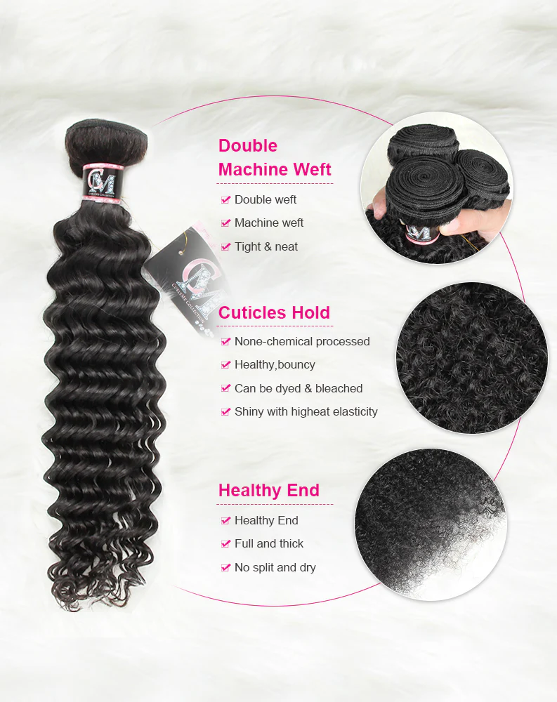 CurlyMe Deep Wave Virgin Human Hair 3 Bundles With 4x4 Lace Closure Natural Black - Image 3