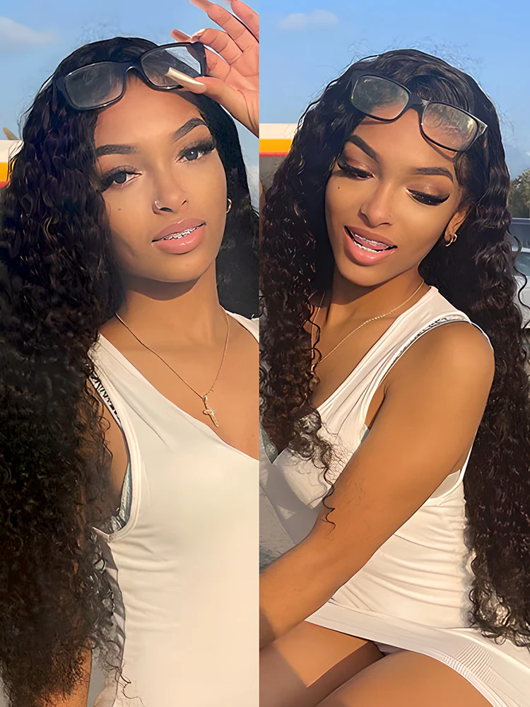 CurlyMe Deep Wave Human Hair 4 Bundles with 13x4 Lace Frontal Natural Black - Image 3