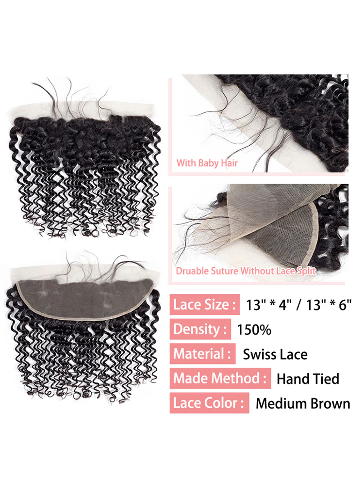 CurlyMe Deep Wave Virgin Human Hair 13x4 Lace Frontal Natural Black - Image 4
