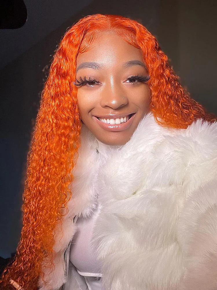 CurlyMe Bright Orange Water Wave Hair 13x4 Lace Front Wigs Pre Plucked - Image 4