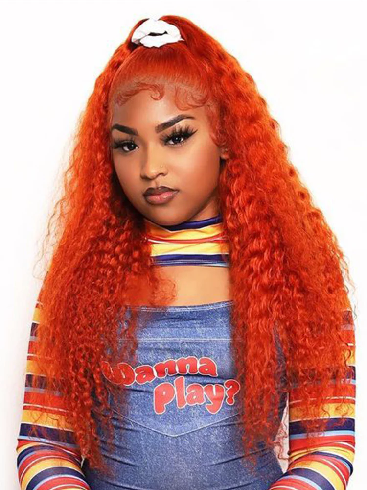 CurlyMe Bright Orange Water Wave Hair 13x4 Lace Front Wigs Pre Plucked - Image 5