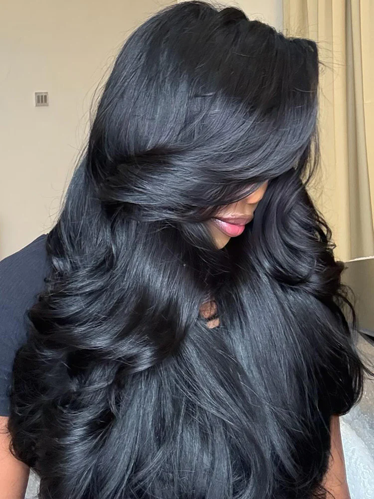 CurlyMe Wear Go Natural Black Color Face-Framing Layered Cut Body Wave Wig Pre-Cut Lace Glueless Wigs - Image 4