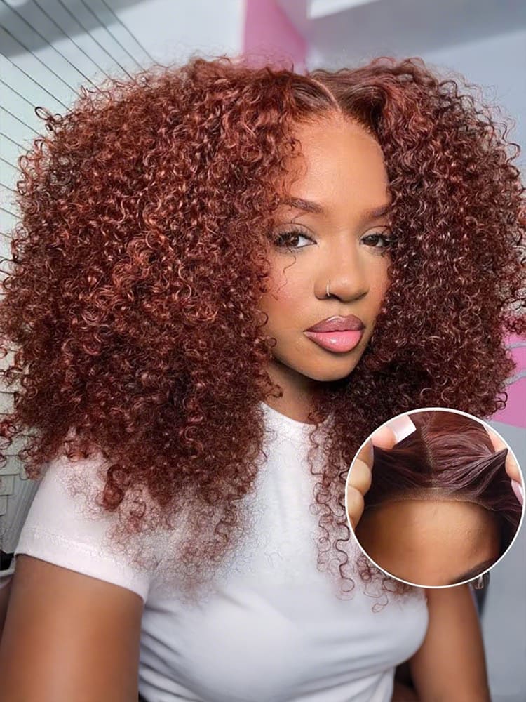 CurlyMe Pre-cut 9x6 Lace Reddish Brown Kinky Curly Wear Go Glueless Mini Knots Wig Pre-plucked - Image 2