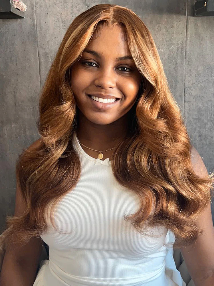 CurlyMe Wear Go Highlight Brown Color Face-Framing Layered Cut Body Wave Wig Pre-Cut Lace Glueless Wigs - Image 2