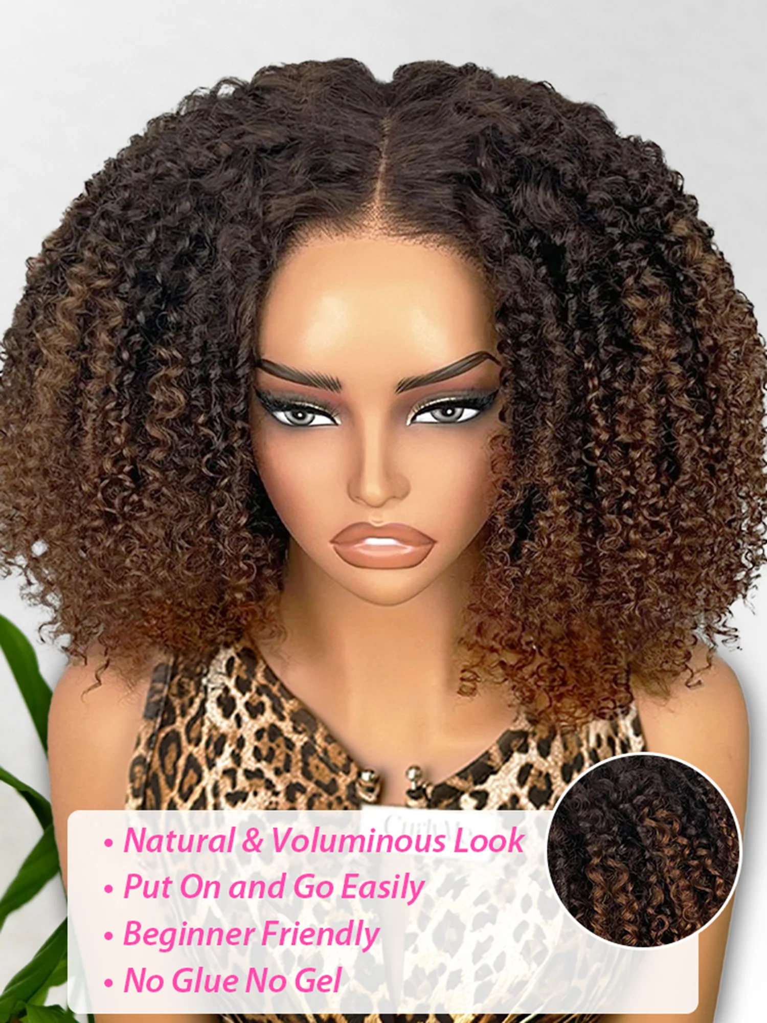 CurlyMe Layered Ombre Brown Pre-Styled Curly Bob Kinky Curly Wig Pre-Cut 7x5 Glueless Wig